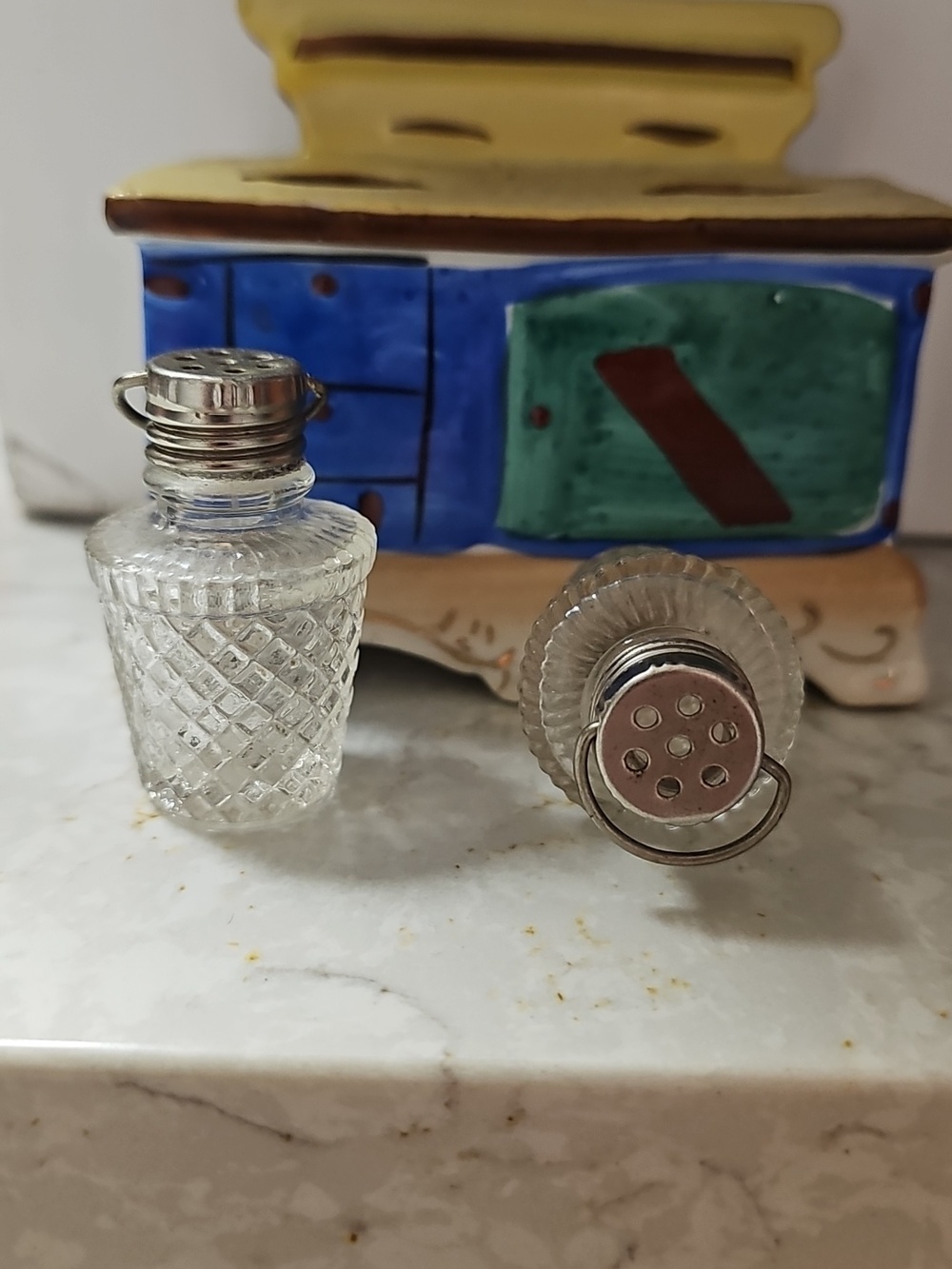 Vintage Ceramic Decorative Miniature Stove Oil Cruet Set - Blue/Green - Picture 2 of 3